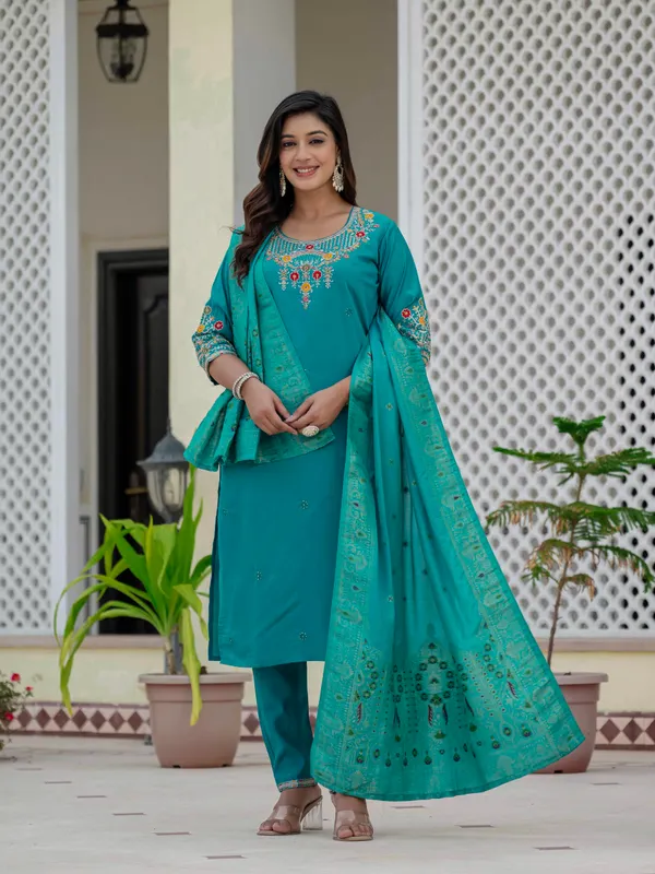 Firozi_Roman_Silk_Sequins_Embroidered_Kurti_With_Pant_And_Dupatta_For_Women