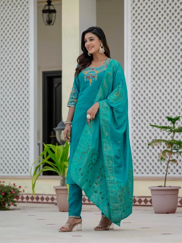 Firozi_Roman_Silk_Sequins_Embroidered_Kurti_With_Pant_And_Dupatta_For_Women
