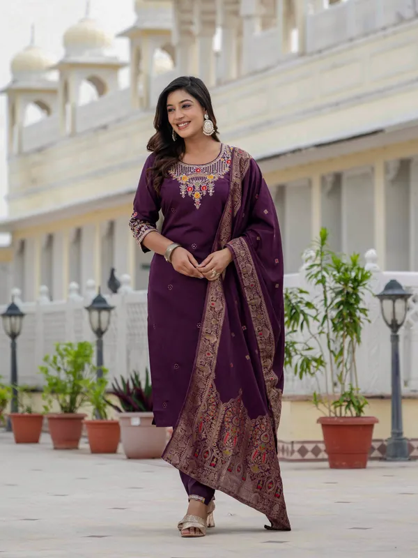 Wine_Roman_Silk_Sequins_Embroidery_Kurti_With_Pant_And_Dupatta_For_Women