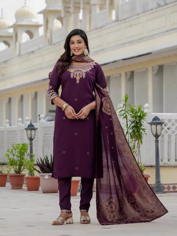 Wine_Roman_Silk_Sequins_Embroidery_Kurti_With_Pant_And_Dupatta_For_Women