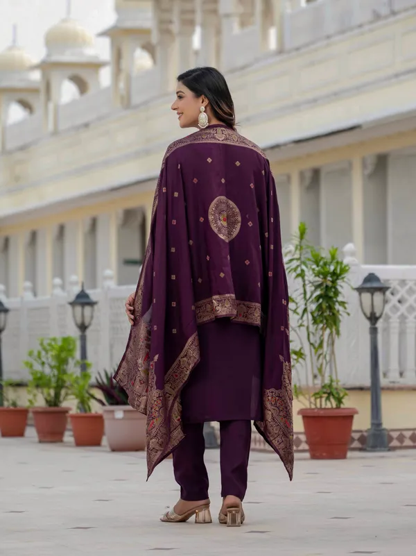 Wine_Roman_Silk_Sequins_Embroidery_Kurti_With_Pant_And_Dupatta_For_Women