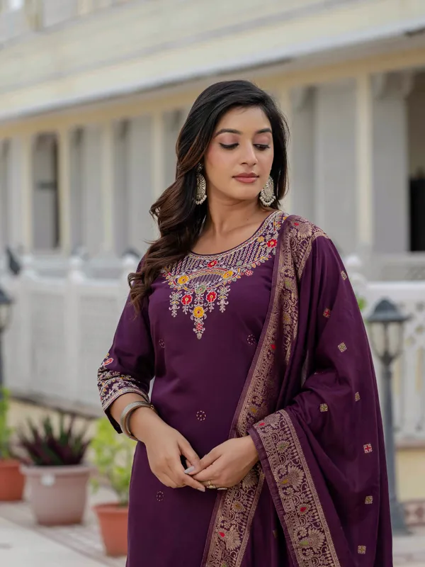 Wine_Roman_Silk_Sequins_Embroidery_Kurti_With_Pant_And_Dupatta_For_Women