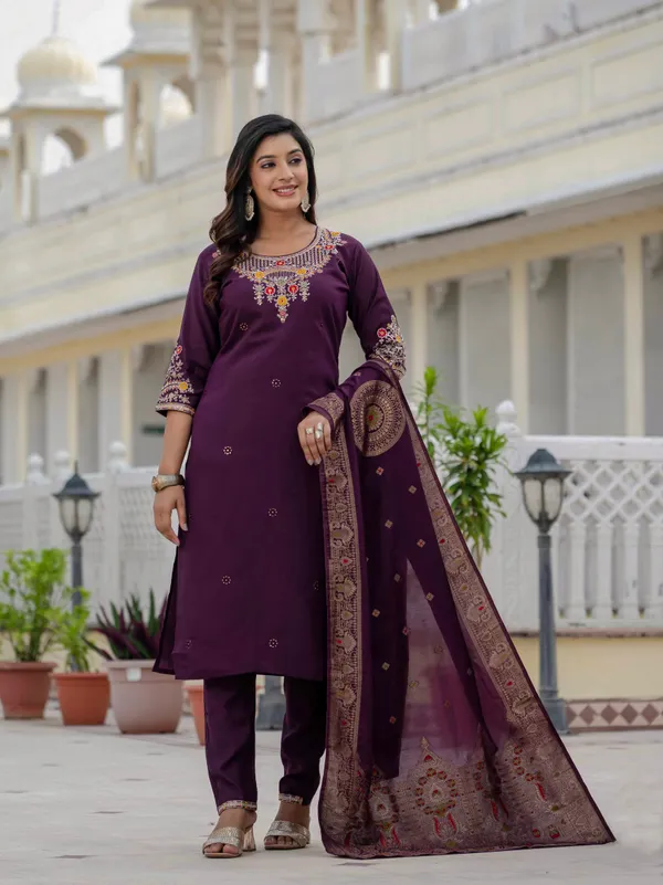 Wine_Roman_Silk_Sequins_Embroidery_Kurti_With_Pant_And_Dupatta_For_Women