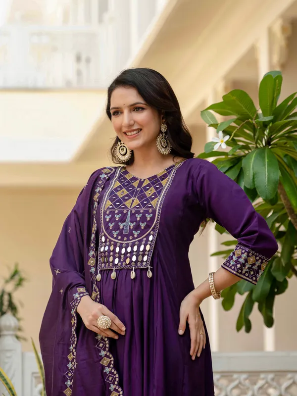 Purple_Viscose_Roman_Silk_Anarkali_Kurti_With_Pant_And_Dupatta_For_Women