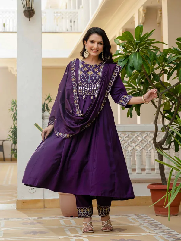 Purple_Viscose_Roman_Silk_Anarkali_Kurti_With_Pant_And_Dupatta_For_Women