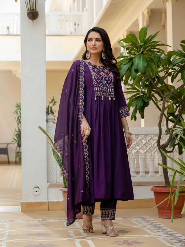 Purple_Viscose_Roman_Silk_Anarkali_Kurti_With_Pant_And_Dupatta_For_Women