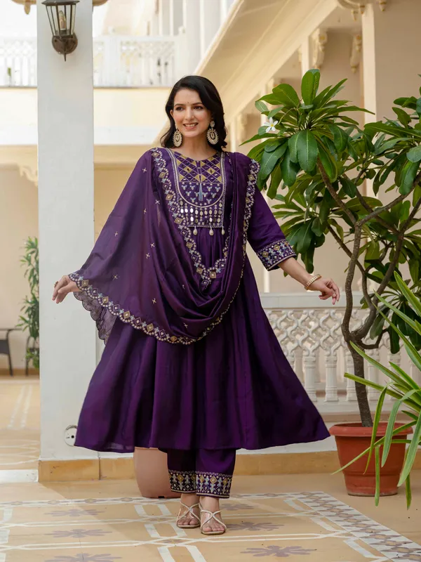Purple_Viscose_Roman_Silk_Anarkali_Kurti_With_Pant_And_Dupatta_For_Women