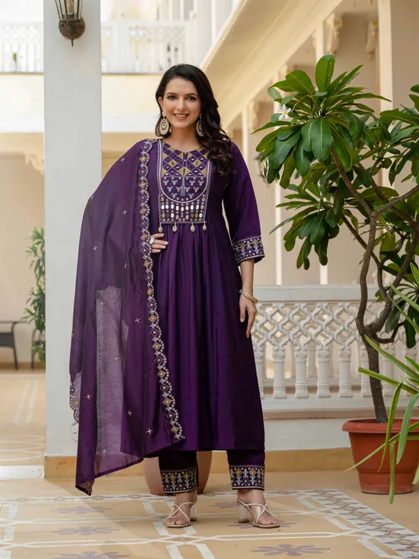 Purple_Viscose_Roman_Silk_Anarkali_Kurti_With_Pant_And_Dupatta_For_Women