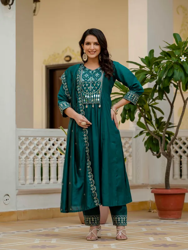 Teal_Viscose_Roman_Silk_Anarkali_Kurti_With_Pant_And_Dupatta_For_Women