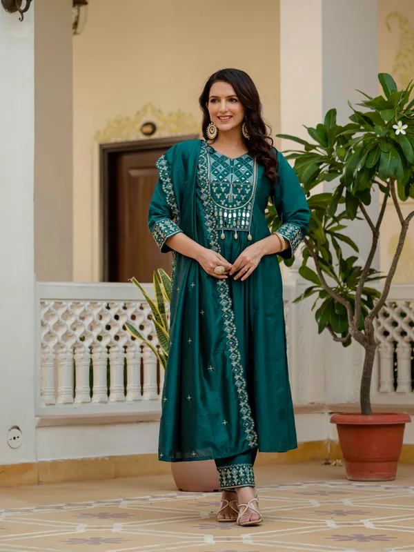 Teal_Viscose_Roman_Silk_Anarkali_Kurti_With_Pant_And_Dupatta_For_Women