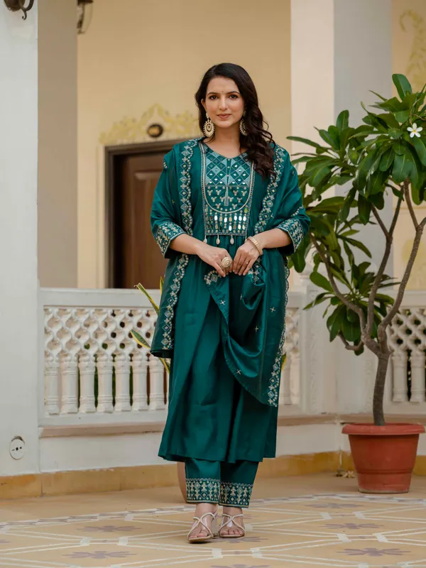 Teal_Viscose_Roman_Silk_Anarkali_Kurti_With_Pant_And_Dupatta_For_Women