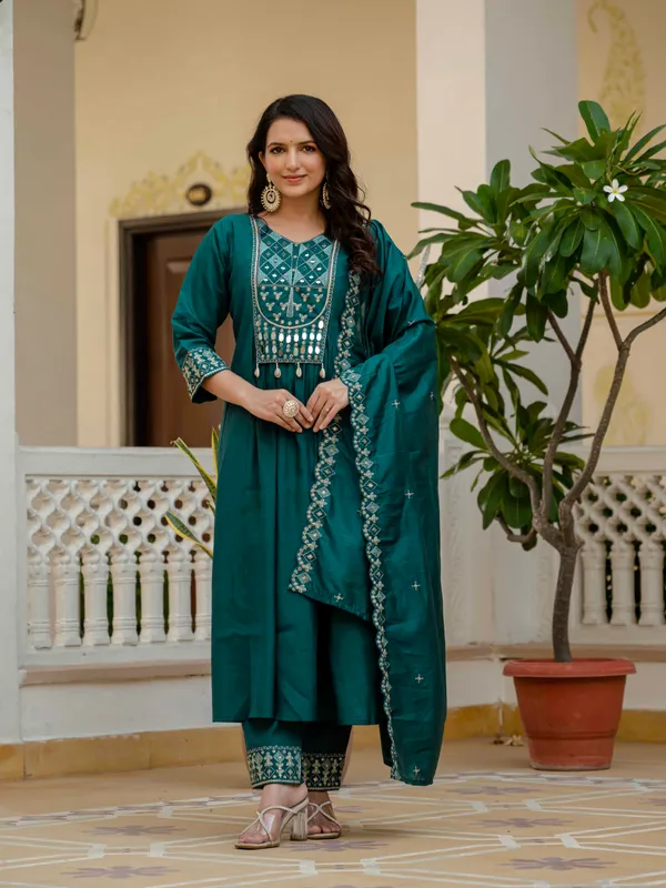 Teal_Viscose_Roman_Silk_Anarkali_Kurti_With_Pant_And_Dupatta_For_Women
