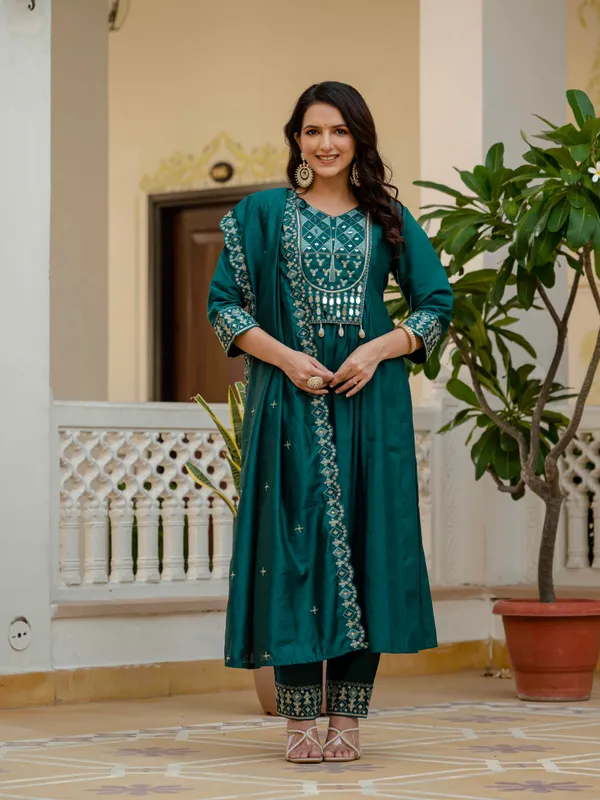 Teal_Viscose_Roman_Silk_Anarkali_Kurti_With_Pant_And_Dupatta_For_Women