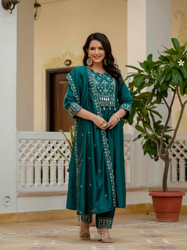 Teal_Viscose_Roman_Silk_Anarkali_Kurti_With_Pant_And_Dupatta_For_Women