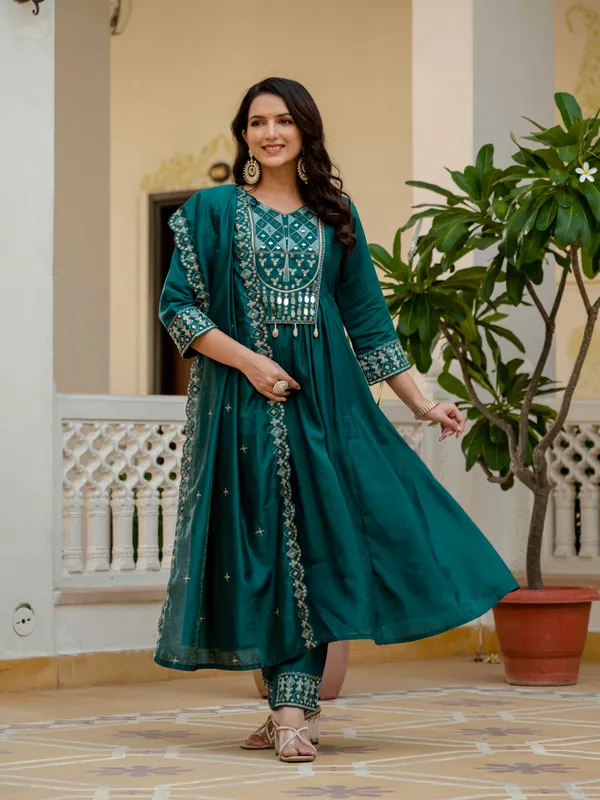 Teal_Viscose_Roman_Silk_Anarkali_Kurti_With_Pant_And_Dupatta_For_Women