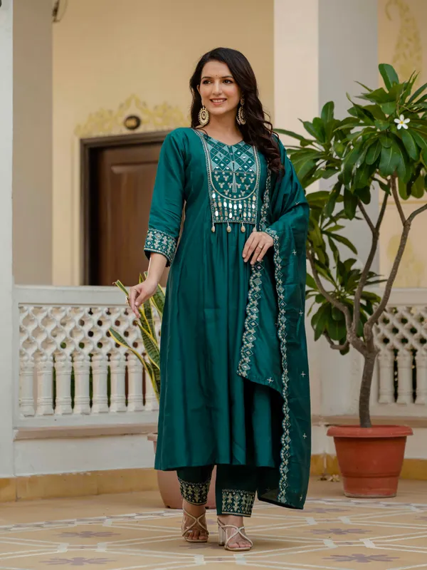 Teal_Viscose_Roman_Silk_Anarkali_Kurti_With_Pant_And_Dupatta_For_Women