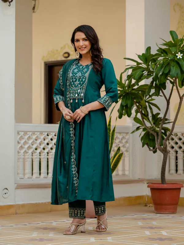 Teal_Viscose_Roman_Silk_Anarkali_Kurti_With_Pant_And_Dupatta_For_Women