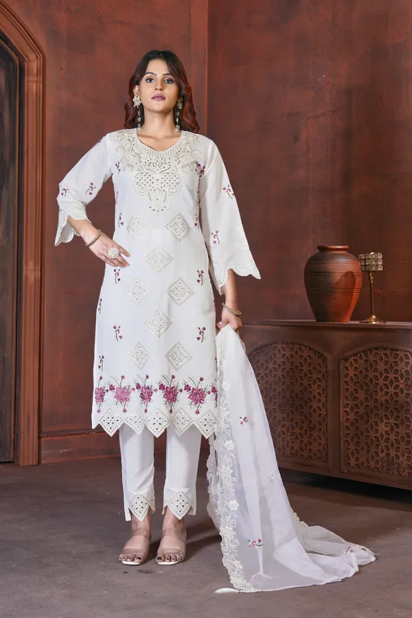 White_Viscose_Roman_Embroidered_Kurti_With_Pant_And_Dupatta_For_Women