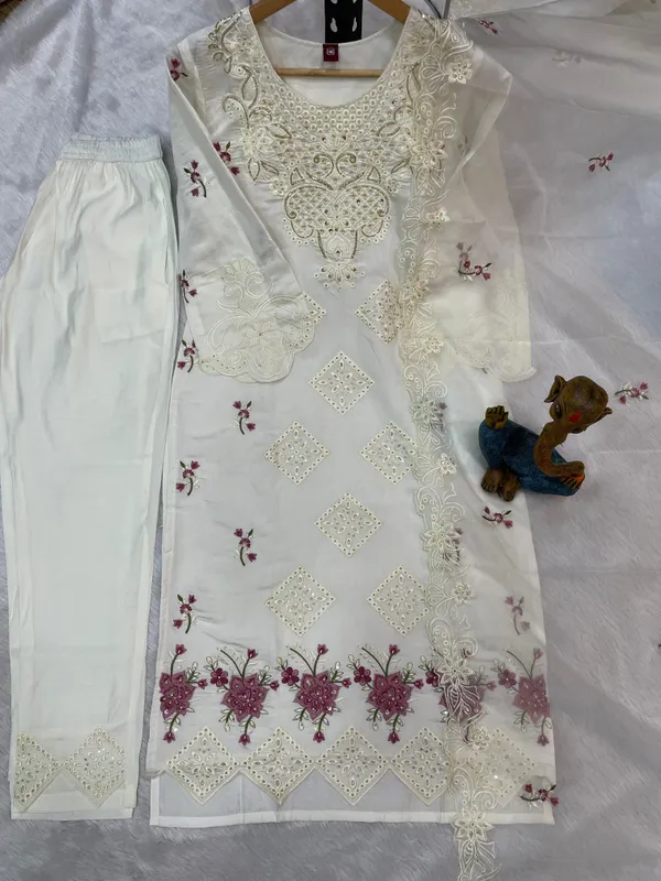 White_Viscose_Roman_Embroidered_Kurti_With_Pant_And_Dupatta_For_Women