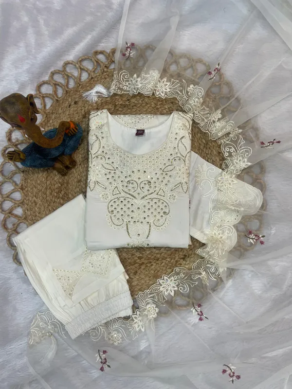 White_Viscose_Roman_Embroidered_Kurti_With_Pant_And_Dupatta_For_Women