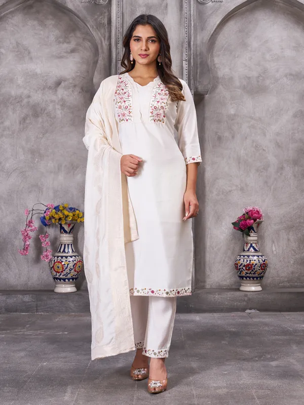 White_Roman_Silk_Sequins_Embroidery_Kurti_With_Pant_And_Dupatta_For_Women