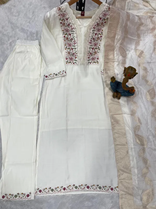 White_Roman_Silk_Sequins_Embroidery_Kurti_With_Pant_And_Dupatta_For_Women
