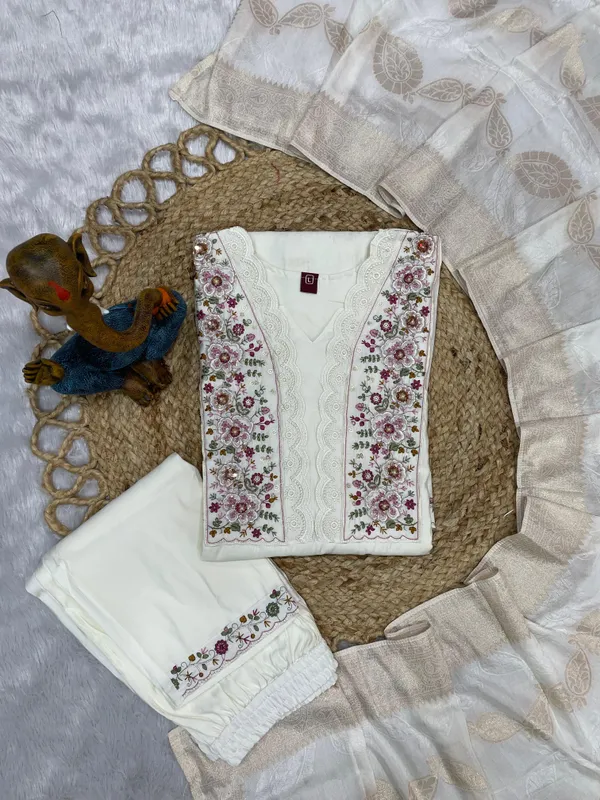 White_Roman_Silk_Sequins_Embroidery_Kurti_With_Pant_And_Dupatta_For_Women