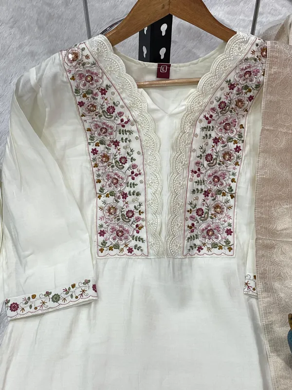 White_Roman_Silk_Sequins_Embroidery_Kurti_With_Pant_And_Dupatta_For_Women