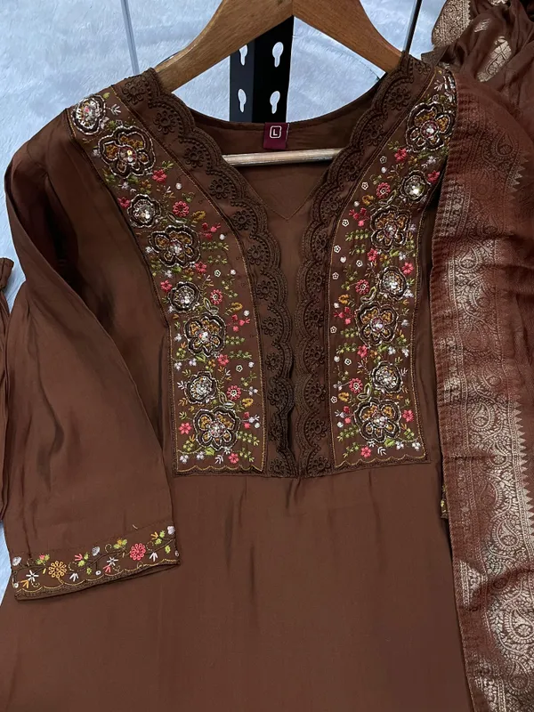 Coffee_Roman_Silk_Embroidered_Kurti_With_Pant_And_Dupatta_For_Women