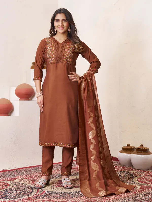 Coffee_Roman_Silk_Embroidered_Kurti_With_Pant_And_Dupatta_For_Women