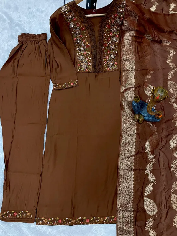 Coffee_Roman_Silk_Embroidered_Kurti_With_Pant_And_Dupatta_For_Women