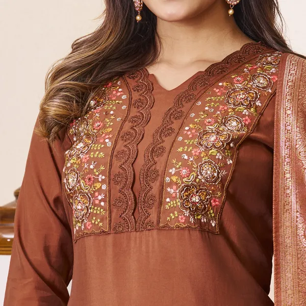 Coffee_Roman_Silk_Embroidered_Kurti_With_Pant_And_Dupatta_For_Women