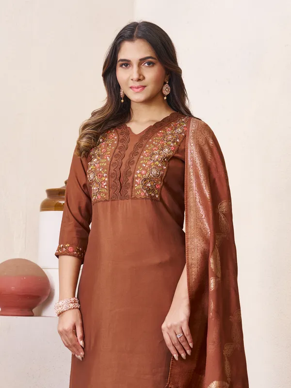 Coffee_Roman_Silk_Embroidered_Kurti_With_Pant_And_Dupatta_For_Women