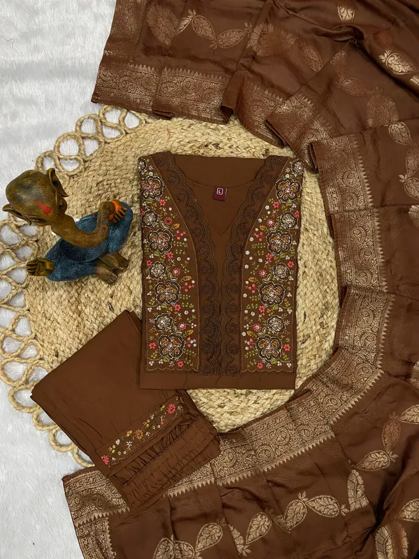 Coffee_Roman_Silk_Embroidered_Kurti_With_Pant_And_Dupatta_For_Women