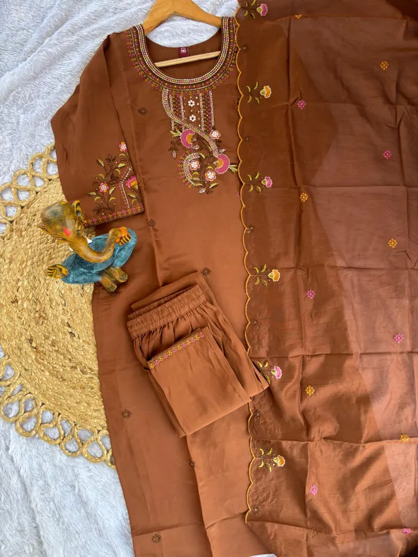 Brown_Roman_Silk_Embroidered_Kurti_With_Pant_And_Dupatta_For_Women