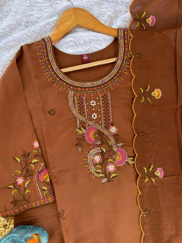 Brown_Roman_Silk_Embroidered_Kurti_With_Pant_And_Dupatta_For_Women