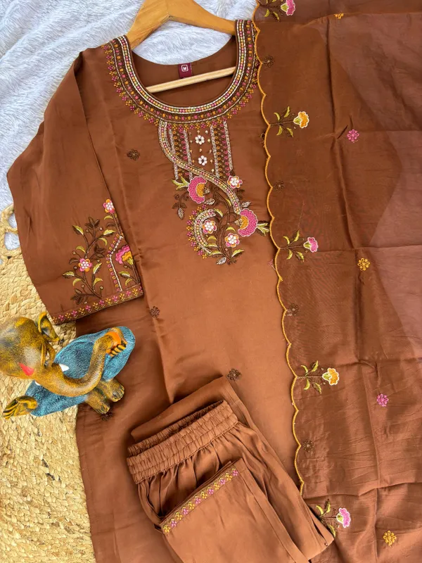 Brown_Roman_Silk_Embroidered_Kurti_With_Pant_And_Dupatta_For_Women