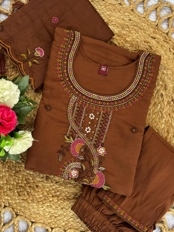 Brown_Roman_Silk_Embroidered_Kurti_With_Pant_And_Dupatta_For_Women