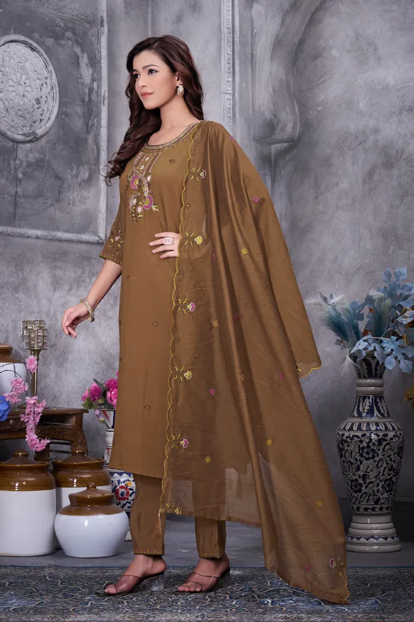 Brown_Roman_Silk_Embroidered_Kurti_With_Pant_And_Dupatta_For_Women