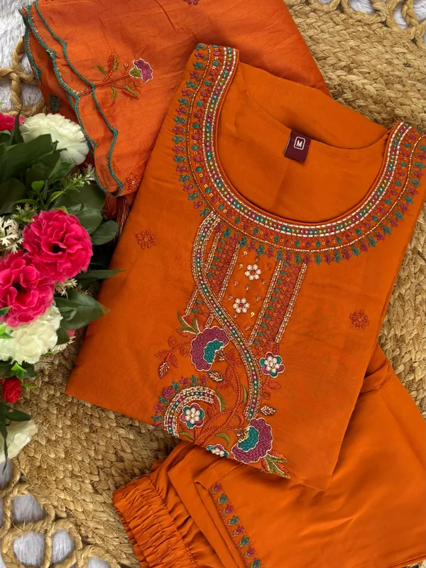 Orange_Roman_Silk_Embroidered_Kurti_With_Pant_And_Dupatta_For_Women