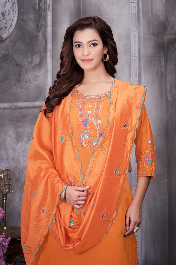Orange_Roman_Silk_Embroidered_Kurti_With_Pant_And_Dupatta_For_Women