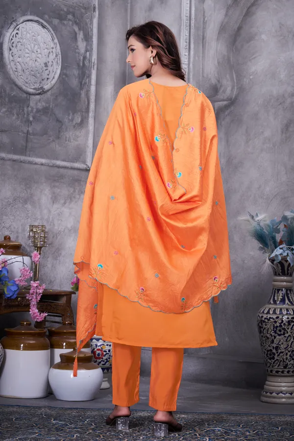 Orange_Roman_Silk_Embroidered_Kurti_With_Pant_And_Dupatta_For_Women
