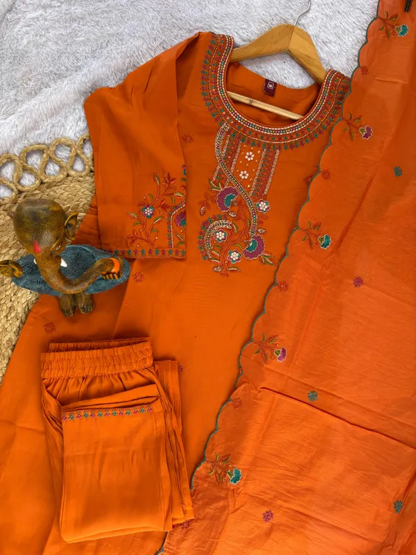 Orange_Roman_Silk_Embroidered_Kurti_With_Pant_And_Dupatta_For_Women