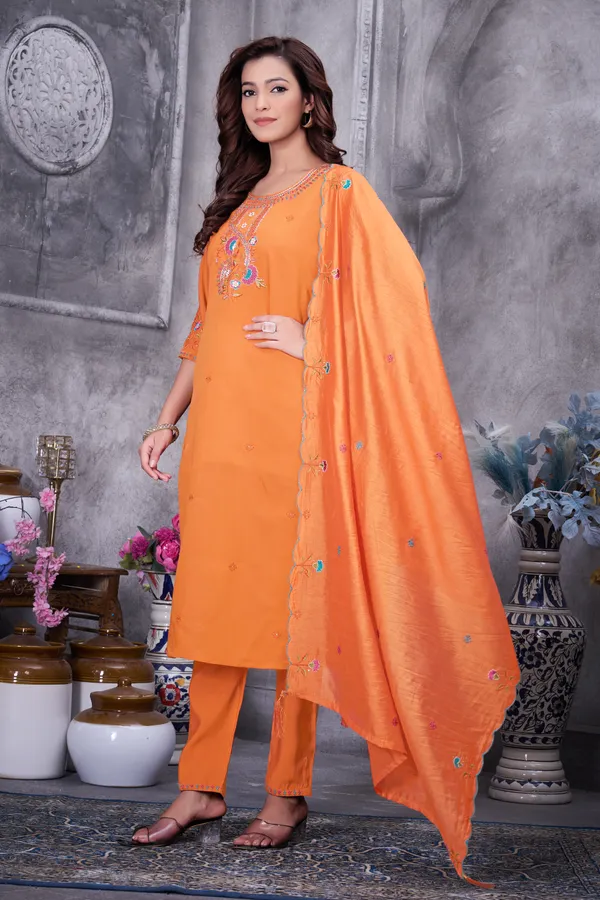 Orange_Roman_Silk_Embroidered_Kurti_With_Pant_And_Dupatta_For_Women