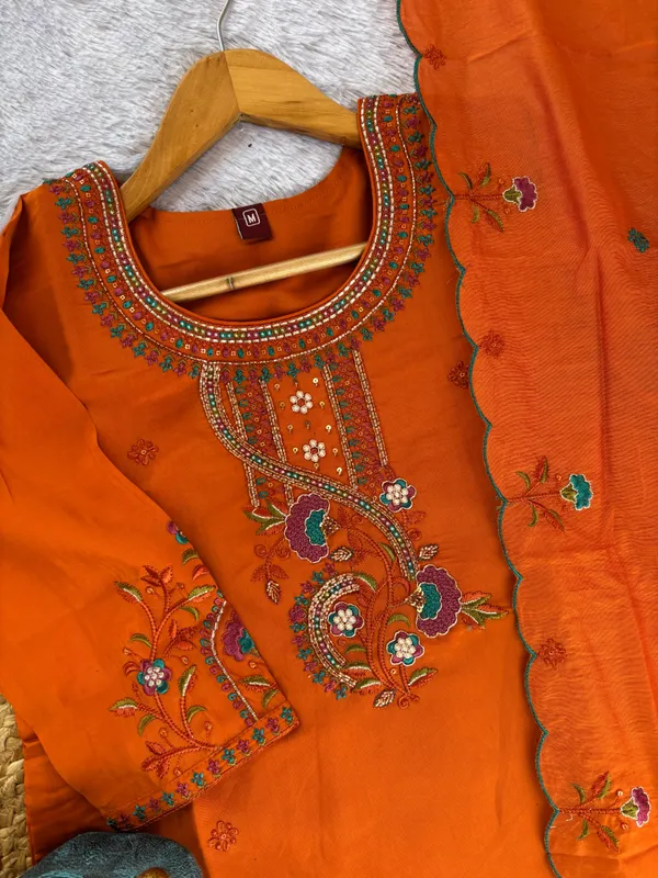Orange_Roman_Silk_Embroidered_Kurti_With_Pant_And_Dupatta_For_Women