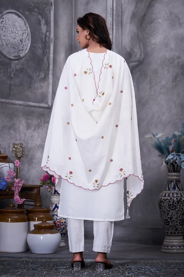 White_Roman_Silk_Embroidery_Kurti_With_Pant_And_Dupatta_For_Women