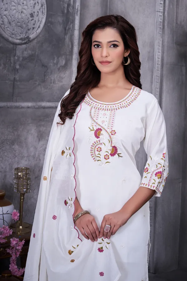 White_Roman_Silk_Embroidery_Kurti_With_Pant_And_Dupatta_For_Women