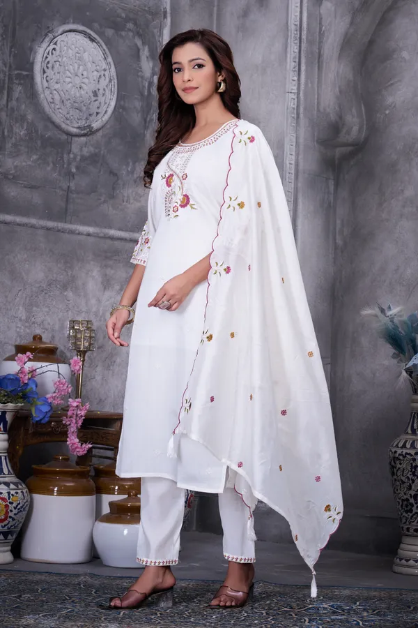 White_Roman_Silk_Embroidery_Kurti_With_Pant_And_Dupatta_For_Women