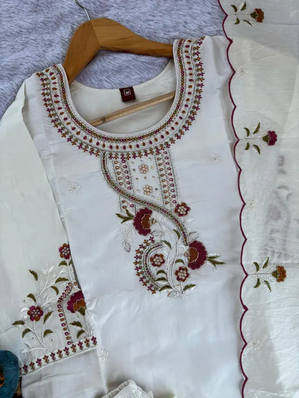 White_Roman_Silk_Embroidery_Kurti_With_Pant_And_Dupatta_For_Women