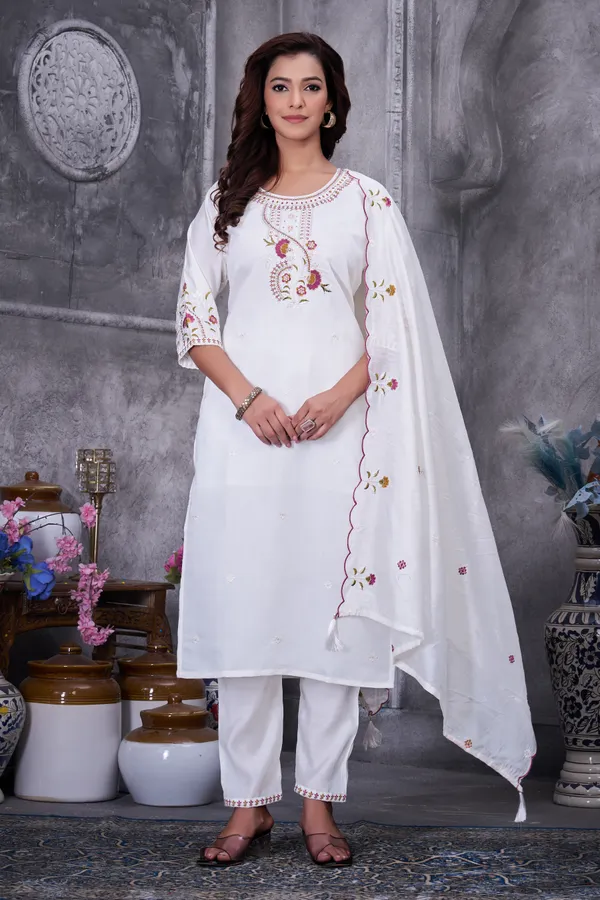 White_Roman_Silk_Embroidery_Kurti_With_Pant_And_Dupatta_For_Women
